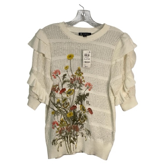 Title: Inc International Concepts Floral Ruffle Sleeve Ivory Knit Sweater L Xl